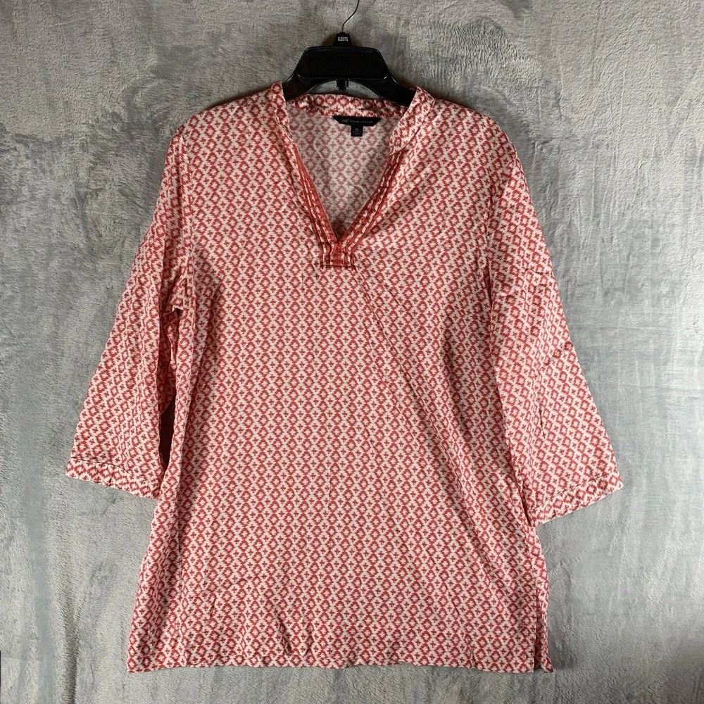 Brooks Brothers Women's Tunic XL Orange White Ikat Geometric 3/4 Sleeve Cotton‎